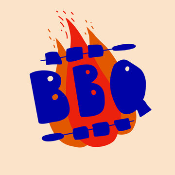 BBQ logo on fire background with kebab on skewers