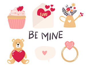 Vector Valentine's day cards templates. Hand drawn February 14 gift tags, collection. Funny Teddy Bear Cartoon with heart , envelope, cake, watering can, flowers ring