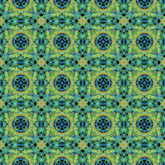 Ethnic seamless hand-drawn pattern. Beautiful yellowand green ornament on a blue background. Oriental motifs.Design of background, fabric, textile, wallpaper, template.