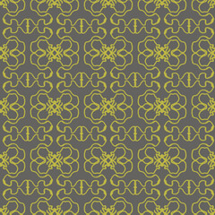 Ethnic seamless hand-drawn pattern. Beautiful yellow  ornament on a gray background. Oriental motifs. Design of background, fabric, textile, wallpaper, template.