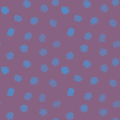 Abstract seamless hand-drawn pattern. Smears, circles, blotches of blue paint on a purple background. Design of wallpaper, fabric, textiles, template, background, curtains.