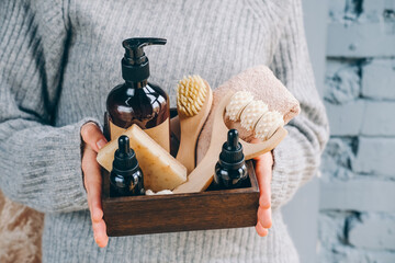 set spa facial and body skin care products. Lotion, essential oil, cream, massage brushes and...
