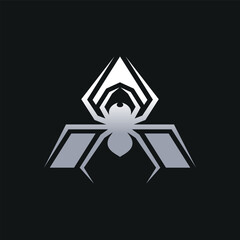 Silver spider logo on black background