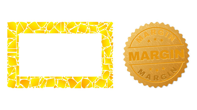 Golden collage of yellow particles for empty rectangle icon, and golden metallic Margin stamp seal. Empty rectangle icon collage is formed of randomized gold elements.