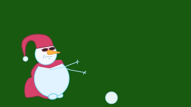 animation with snowman in black glasses and mantle walking in a circle and pushing a snowball on a green background. winter football no matter what