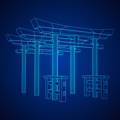 Torii sacred traditional gate. Symbol of Japan,shintoism religion. Japanese Tori arch ancient entrance. Wireframe low poly mesh vector illustration