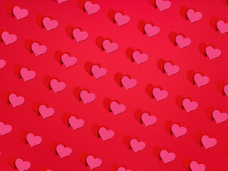 Red background with double hearts, romantic background for Valentine's Day or wedding.