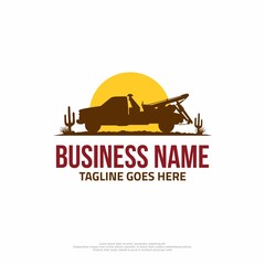 Towing service car logo with a tow truck and sunset view
