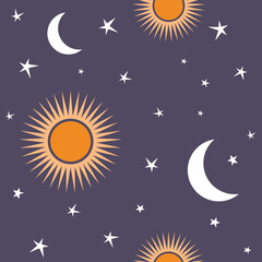 Seamless pattern with sun, moon and stars.