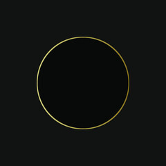 Abstract black circle shape with golden glowing frame and glitters. Vector illustration. Geometric backdrop with golden glittering particles. Holiday banner design. Minimalist decoration