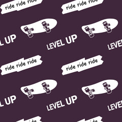 Vector Illustration of White Flying Board on Dark Color Background with Phrase Level Up. Skateboarding Seamless Pattern with Cartoon Skateboard. Flat Line Art Style Design with Skate