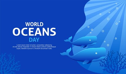 World oceans day background with blue and whale themes