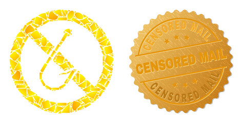 Golden mosaic of yellow parts for forbidden fishing hook icon, and gold metallic Censored Mail badge. Forbidden fishing hook icon mosaic is created with scattered gold parts.