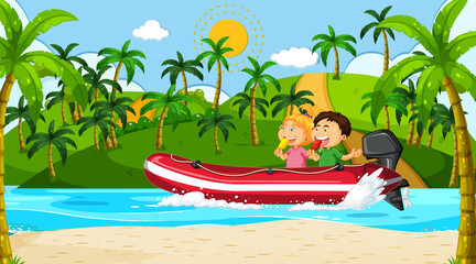 Fototapeta na wymiar Ocean scenery with children on inflatable motor boat