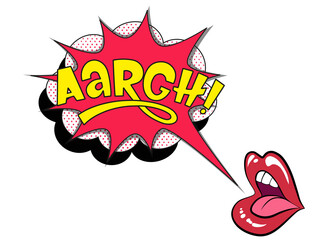 Comic lettering aargh with red lips and an open mouth. Vector bright cartoon illustration in retro pop art style. Comic text sound effects. EPS 10.	