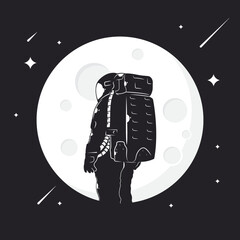 astronaut silhouette design with moon background and stars scattered around