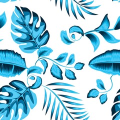 Blue monochromatic palm tropical leaves seamless pattern with banana monstera plants and foliage. vector design. Decorative background. fabric texture. nature wallpaper. Exotic tropics. Summer design
