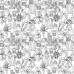 Background with plants in pots. Simple vector seamless pattern. Different home trees. Graphic texture. Black and white colors. Great for wallpapers, wrapping paper, design packaging.