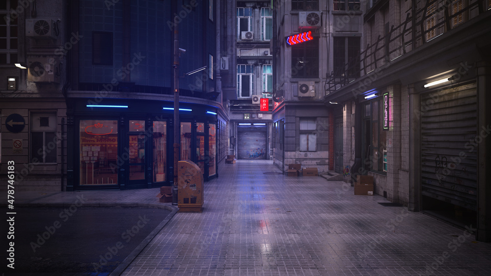 Poster 3d rendering of a dark moody pedestrian walkway in a seedy downtown city area at night. noir environ