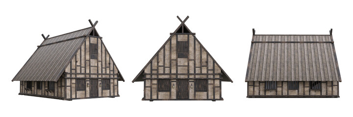 Old wooden medieval house viewed from 3 different angles. 3D illustration isolated on white.