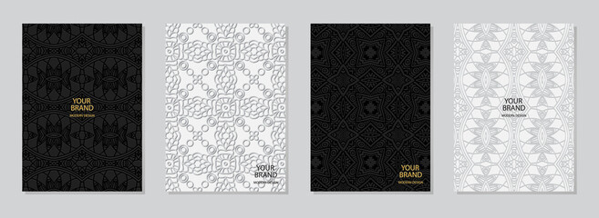 Vector set of cover design. Luxury vertical templates. Geometric 3D pattern. Collection of embossed backgrounds. Ethnos of the peoples of the East, Asia, India, Mexico, the Aztec.
