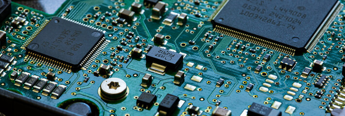 Macro Close up of components and microchips on PC circuit board - obrazy, fototapety, plakaty