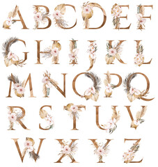 Watercolor letters decorarated with dried leaves and tropical flowers, Bohemian alphabet illustration - obrazy, fototapety, plakaty