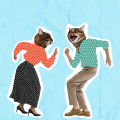 Modern design, contemporary art collage. Inspiration, idea, trendy urban magazine style. Couple headed with cat heads dancing isolated over blue background