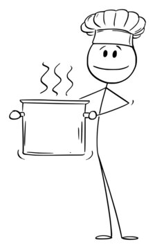 Naklejki Cook or Chef in Hat Holding Big Pot of Boiling Food or Water, Vector Cartoon Stick Figure Illustration