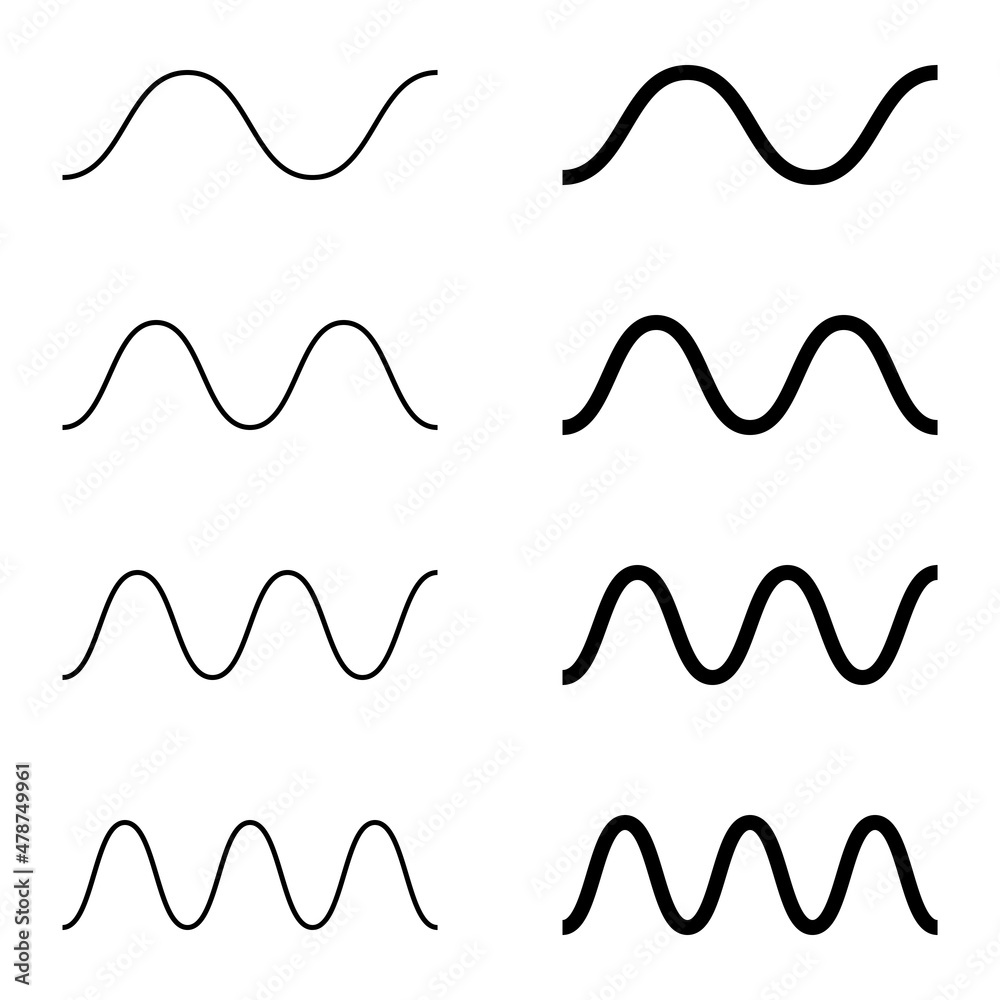 Poster Simple sine wave drawing. One, two, three and four period. Vector wavy lines example with 2 different width.
