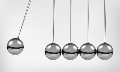 Newton's cradle pendulum with swinging spheres metal balls 3d realistic vector illustration. Hanging balancing balls of newtons cradle science business gadget leadership or communication concept.