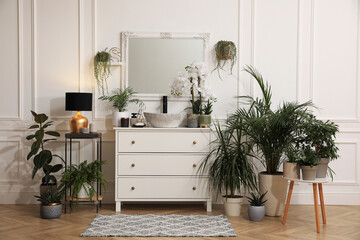 Stylish bathroom interior with modern furniture and beautiful houseplants