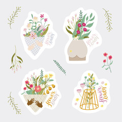 Set of stickers for flower ladies - flower bouquets in paper and in vases. With brush calligraphy. Hand drawn flat illustrations. Vector.