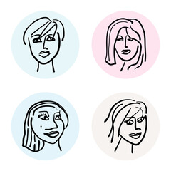 A collection of round social media highlight icons. Minimalist contemporary design of female faces representing beauty, style, and fashion. Originally created from hand drawn design.