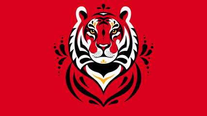 Tiger head. Graphic abstract tiger face. Geometric abstract animal for poster, background, emblem, mascot. Concept of safari, jungle, zoo. Symbol of the Chinese horoscope. Calm muzzle, red color.