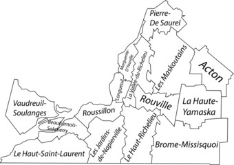 White flat vector administrative map of MONTÉRÉGIE, QUEBEC, CANADA with black border lines and name tags of its municipalities