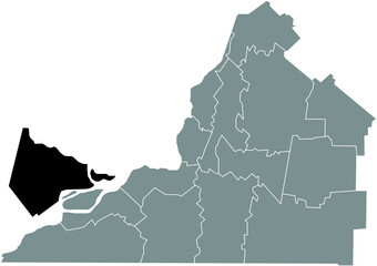 Black flat blank highlighted location map of the VAUDREUIL-SOULANGES Regional County Municipality inside gray administrative map of Montérégie, Quebec, Canada