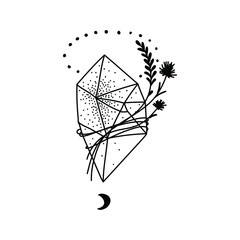 Doodle magical crystal with attached flowers, decorated with moon and stars. Hand drawn vector illustration with texture. Isolated on white background.