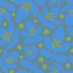 Seamless blue pattern with abstract flowers with berries and stars. For prints, backgrounds, wrapping paper, textile, linen, wallpaper, etc.