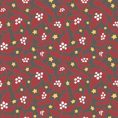 Dark seamless pattern with abstract flowers with berries and stars. For prints, backgrounds, wrapping paper, textile, linen, wallpaper, etc. Vector.