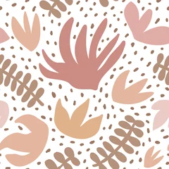 Gordijnen Abstract simple seamless pattern with primitive shapes and leaves. Hand drawn doodle illustrations on white background. For prints, backgrounds, wrapping paper, textile, linen, wallpaper, etc. © walrus_d