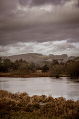 Dark clouds over lake in the UK winter