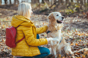 Full length shot of cheerful woman squatting next to her happy golden retriever and smiling at camera while enjoying warm autumnal sunshine at the park.
