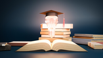 Open book with Graduation hat on light bulb. Education, learning on school and university or idea concept. 3d illustration