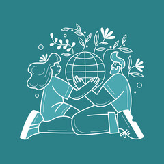A man and a woman are holding a globe in their hands. Flowers and plants on the background. Flat illustration.