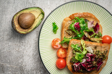 toast with avocado. vegetarian breakfast. Vegan or Vegetarian Toast with mashed avocado, arugula served