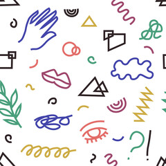 Mid century abstract scribble shapes seamless repeating patterns on white background