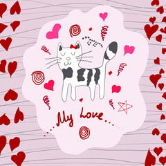 Drawn cats with hearts and Valentine's day greetings. Vector greeting card.