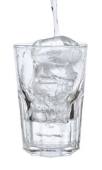 pour water in glass with ice  isolated on white background clipping path