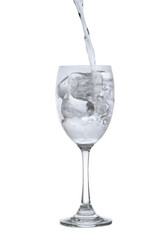 pour water in glass with ice  isolated on white background clipping path